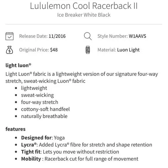 Lululemon Cool Racerback II in Ice Breaker White Black Size 6 - Picture 6 of 6
